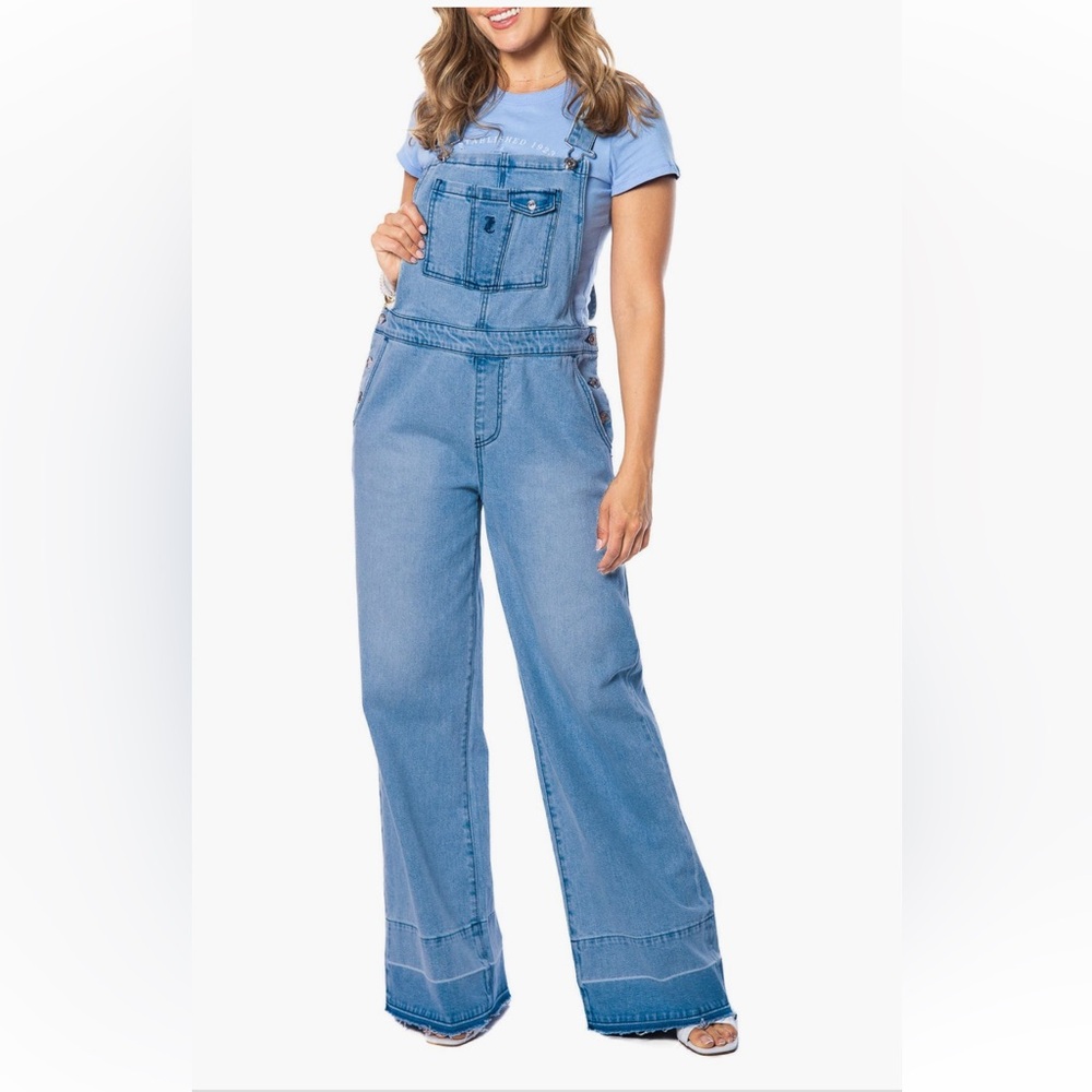 JUICY COUTURE DENIM WIDE LEG OVERALL WITH RELEASE HEM in Medium Wash XLarge